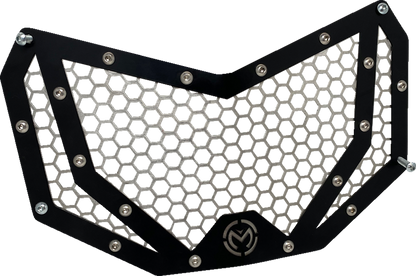 Moose Offroad front grille for Can-Am X3 side view, durable black metal with Moose Offroad branding, part #500-1072-PU.