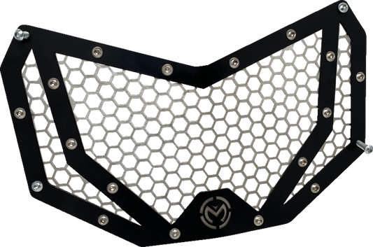Moose Offroad front grille for Can-Am X3 side view, durable black metal with Moose Offroad branding, part #500-1072-PU.