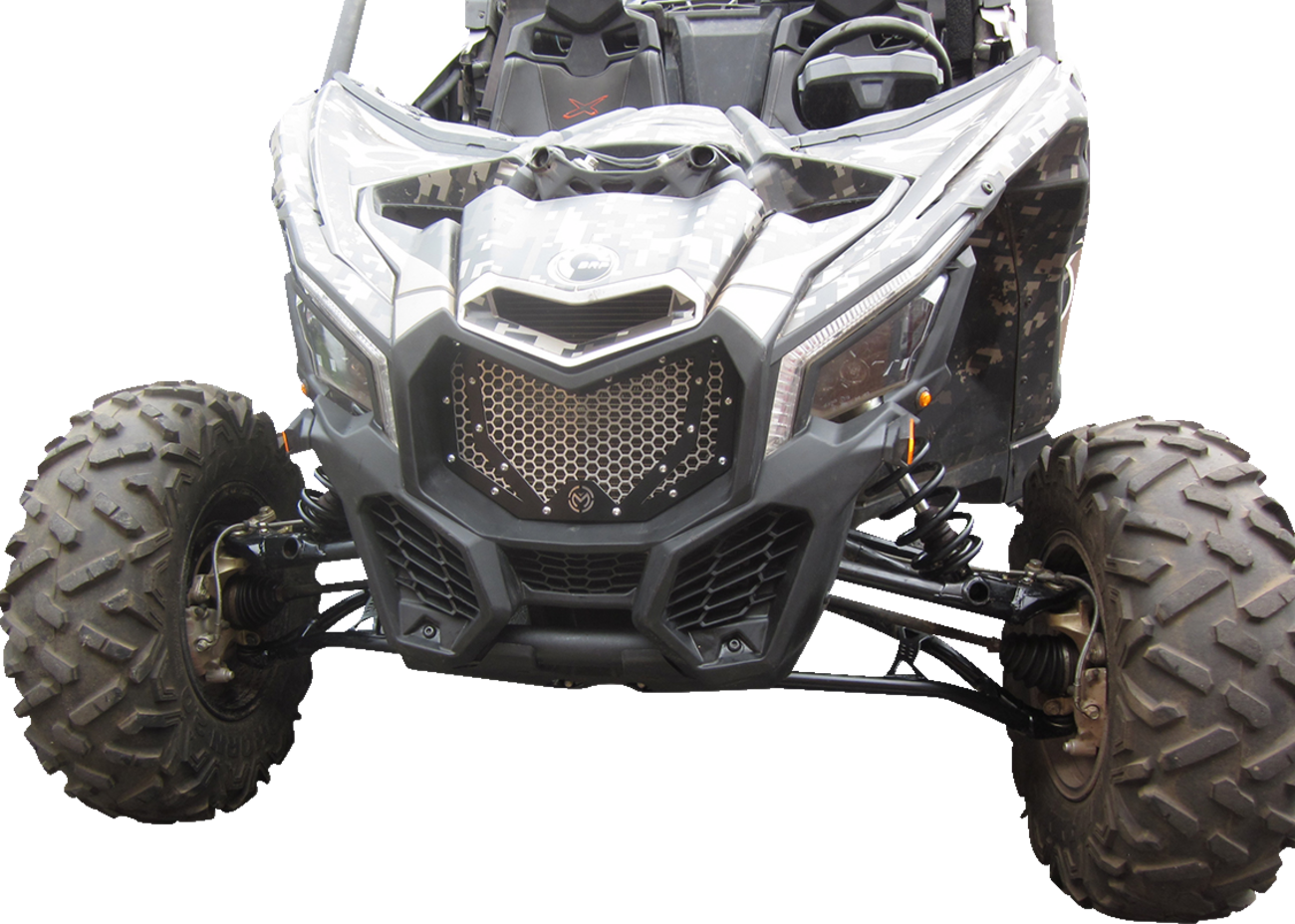 Moose Offroad front grille for Can-Am X3 side view, durable black metal with Moose Offroad branding, part #500-1072-PU.
