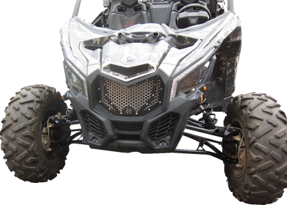 Moose Offroad front grille for Can-Am X3 side view, durable black metal with Moose Offroad branding, part #500-1072-PU.