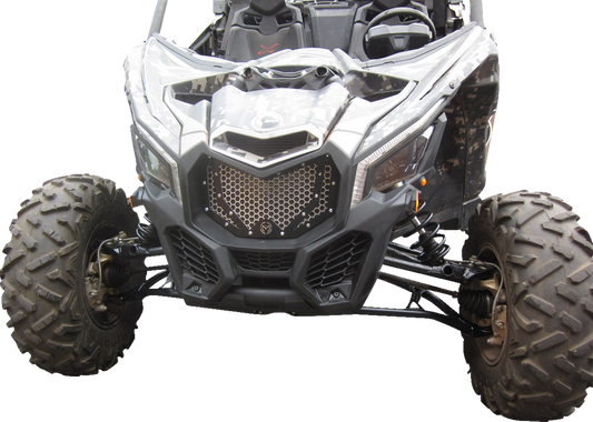 Moose Offroad front grille for Can-Am X3 side view, durable black metal with Moose Offroad branding, part #500-1072-PU.