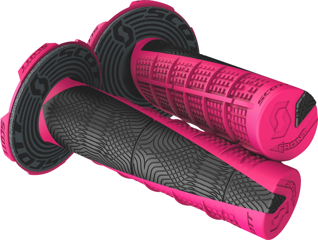 Pink and black Scott Deuce grips for engine control, designed for motorcycle handlebars, with textured rubber surface.