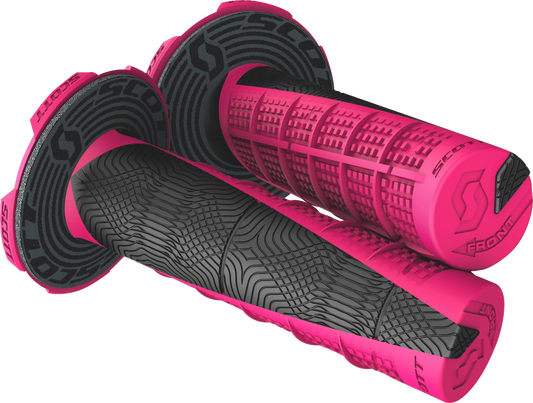 Pink and black Scott Deuce grips for engine control, designed for motorcycle handlebars, with textured rubber surface.