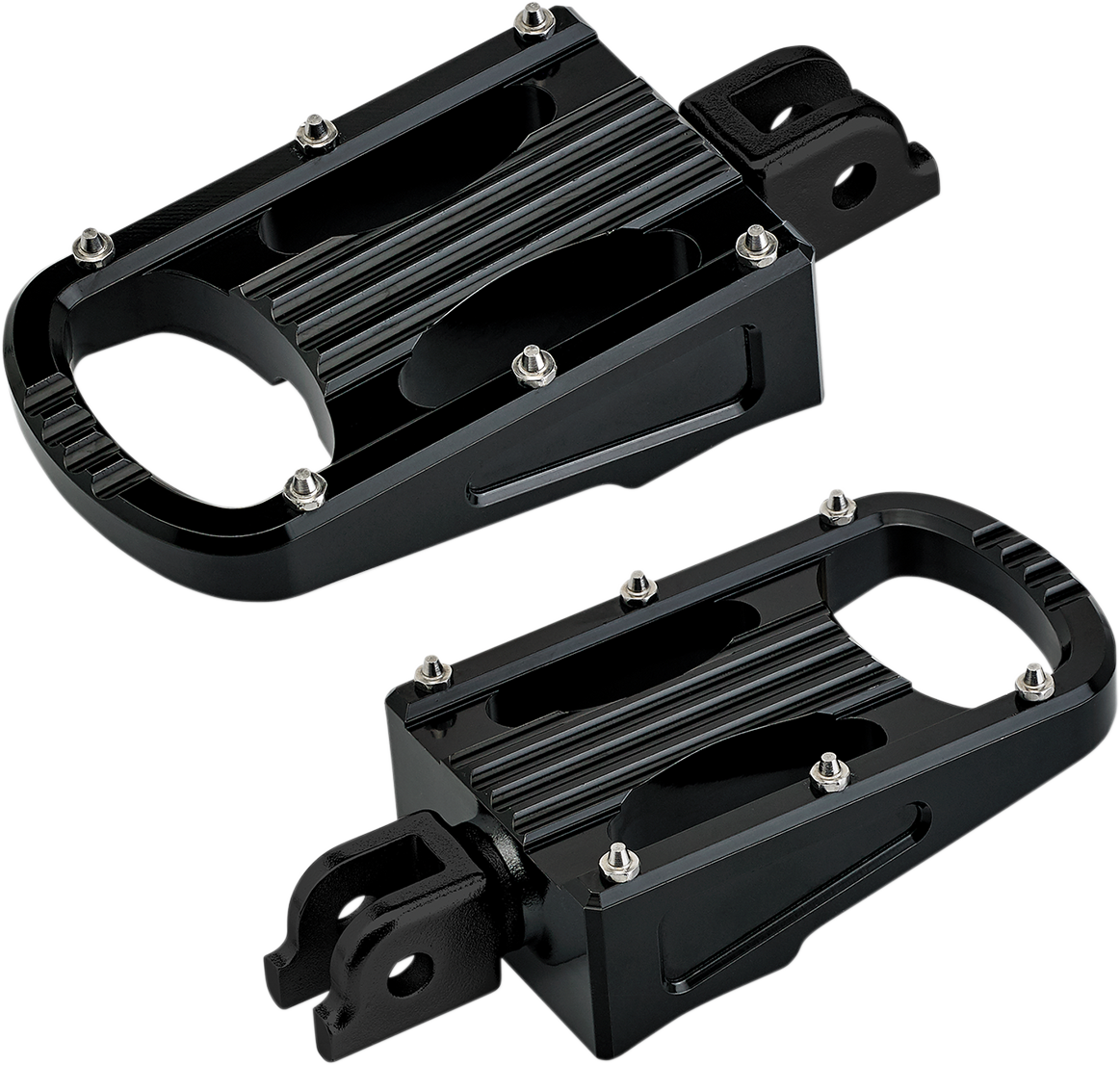 Black BILTWELL Punisher footpeg for Softail motorcycles, designed by Bill's Exhausts, shown mounted on a bike.