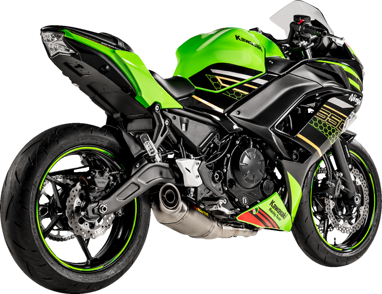 AKRAPOVIC Racing Line titanium exhaust system for Kawasaki Ninja 650, showing sleek titanium pipes and exhaust components.