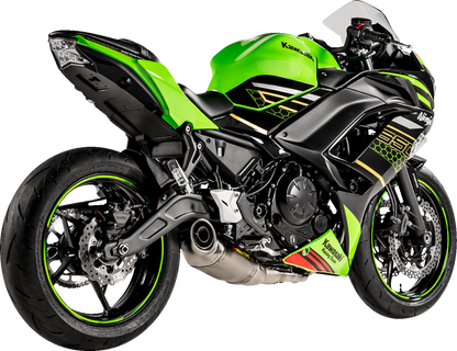 AKRAPOVIC Racing Line titanium exhaust system for Kawasaki Ninja 650, showing sleek titanium pipes and exhaust components.