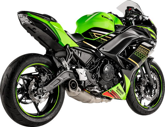 AKRAPOVIC Racing Line titanium exhaust system for Kawasaki Ninja 650, showing sleek titanium pipes and exhaust components.