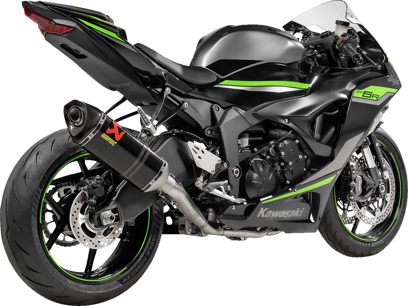 AKRAPOVIC Racing Line exhaust system in carbon for Kawasaki ZX-6R motorcycle, featuring sleek design and high-performance craftsmanship.