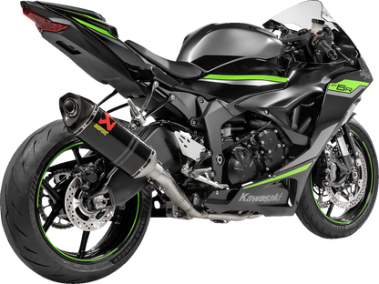 AKRAPOVIC Racing Line exhaust system in carbon for Kawasaki ZX-6R motorcycle, featuring sleek design and high-performance craftsmanship.