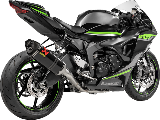 AKRAPOVIC Racing Line exhaust system in carbon for Kawasaki ZX-6R motorcycle, featuring sleek design and high-performance craftsmanship.
