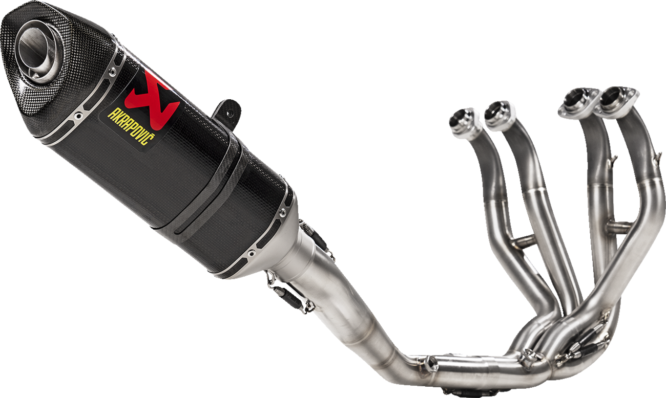 AKRAPOVIC Racing Line exhaust system in carbon for Kawasaki ZX-6R motorcycle, showcasing the sleek exhaust design and branding.
