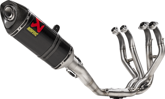 AKRAPOVIC Racing Line exhaust system in carbon for Kawasaki ZX-6R motorcycle, showcasing the sleek exhaust design and branding.