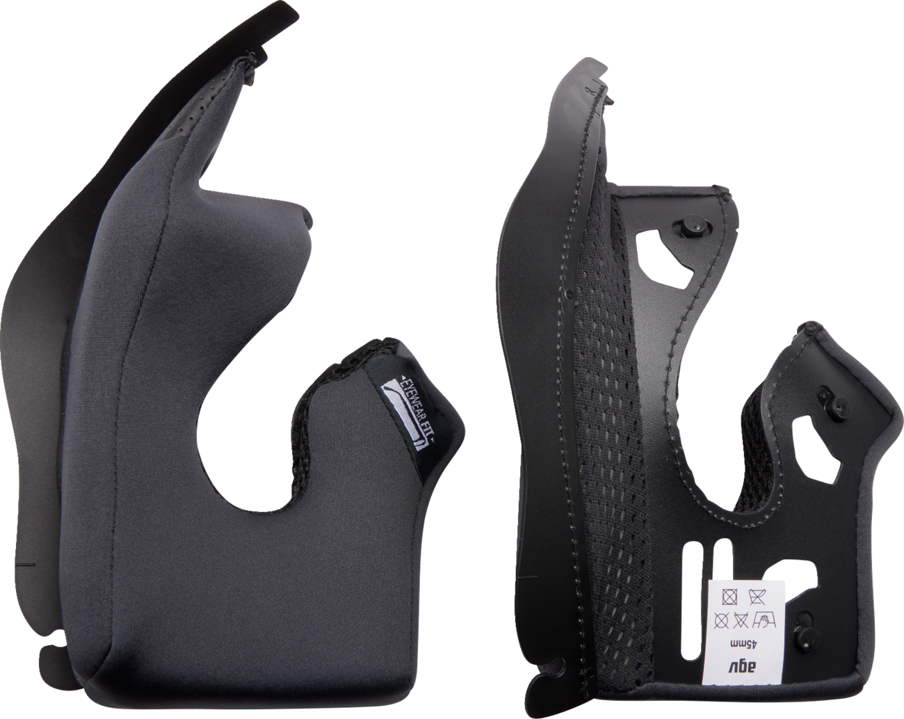 AGV K3 helmet replacement cheek pads set in gray and black, 45 mm, showing detailed close-up of foam and fabric material.