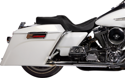 Drag Specialties Freedom Seat for Harley FLH 1997-2007 with vinyl cover and silver double diamond stitching, motorcycle seat.