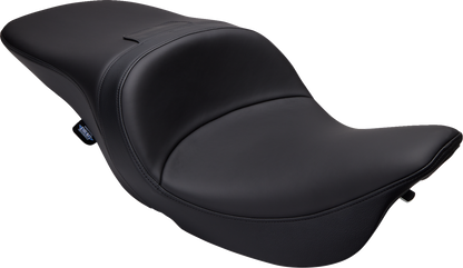 Black Solar Leather Drag Specialties Freedom Seat for Harley FLH 1997-2007, featuring comfortable, contoured design for Harley Davidson motorcycles.