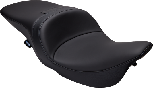 Black Solar Leather Drag Specialties Freedom Seat for Harley FLH 1997-2007, featuring comfortable, contoured design for Harley Davidson motorcycles.