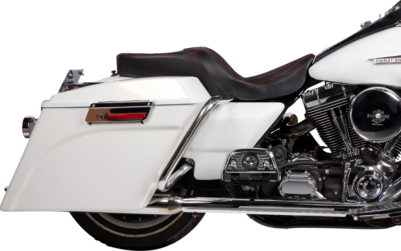 Drag Specialties Freedom Seat for FLH 1997-2007 with red stitching, vinyl double diamond design, designed for Harley Davidson motorcycles.
