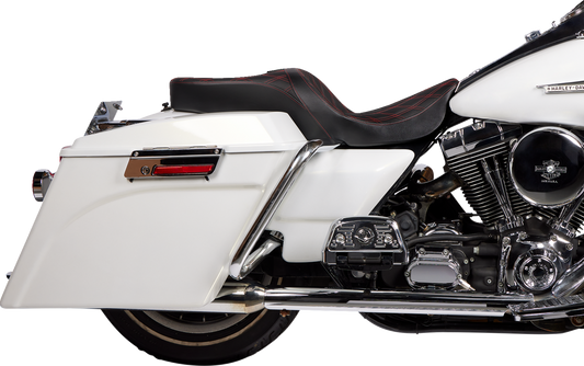 Drag Specialties Freedom Seat for FLH 1997-2007 with red stitching, vinyl double diamond design, designed for Harley Davidson motorcycles.