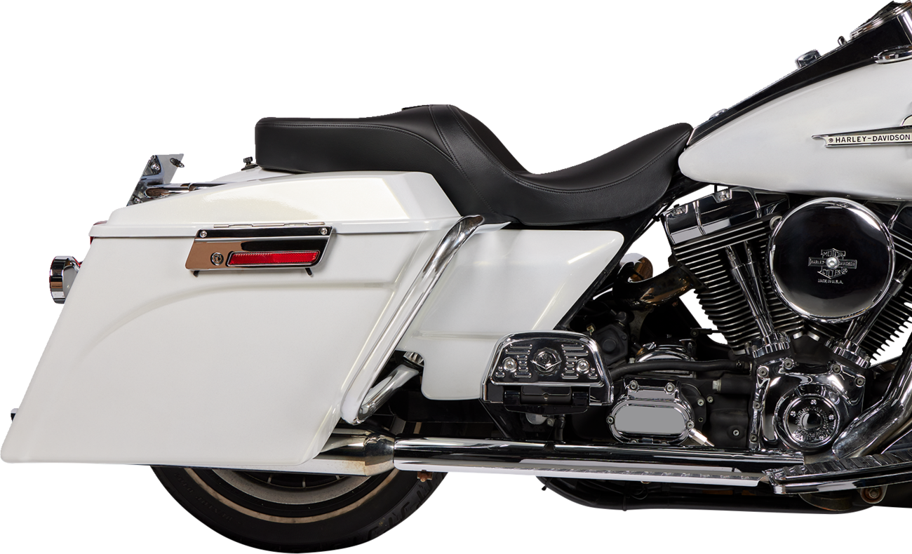 Black solar leather Drag Specialties Freedom Seat for Harley FLH 1997-2007, featuring durable, comfortable motorcycle seat design.