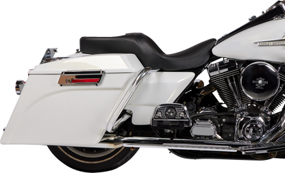 Black solar leather Drag Specialties Freedom Seat for Harley FLH 1997-2007, featuring durable, comfortable motorcycle seat design.