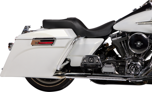 Black solar leather Drag Specialties Freedom Seat for Harley FLH 1997-2007, featuring durable, comfortable motorcycle seat design.