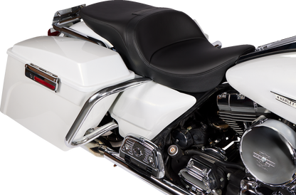 Black solar leather Drag Specialties Freedom Seat for Harley FLH 1997-2007, designed for comfort and style.
