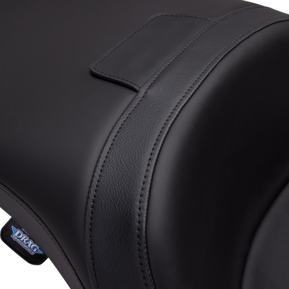 Black Solar Leather Drag Specialties Freedom Seat for Harley FLH 1997-2007, shown from the side with detailed leather upholstery.