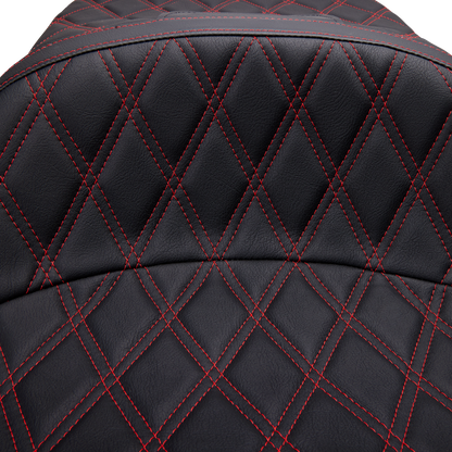 Drag Specialties Freedom Seat for FLH motorcycles, vinyl with double diamond red stitch, designed for 1997-2007 Harley Davidson.
