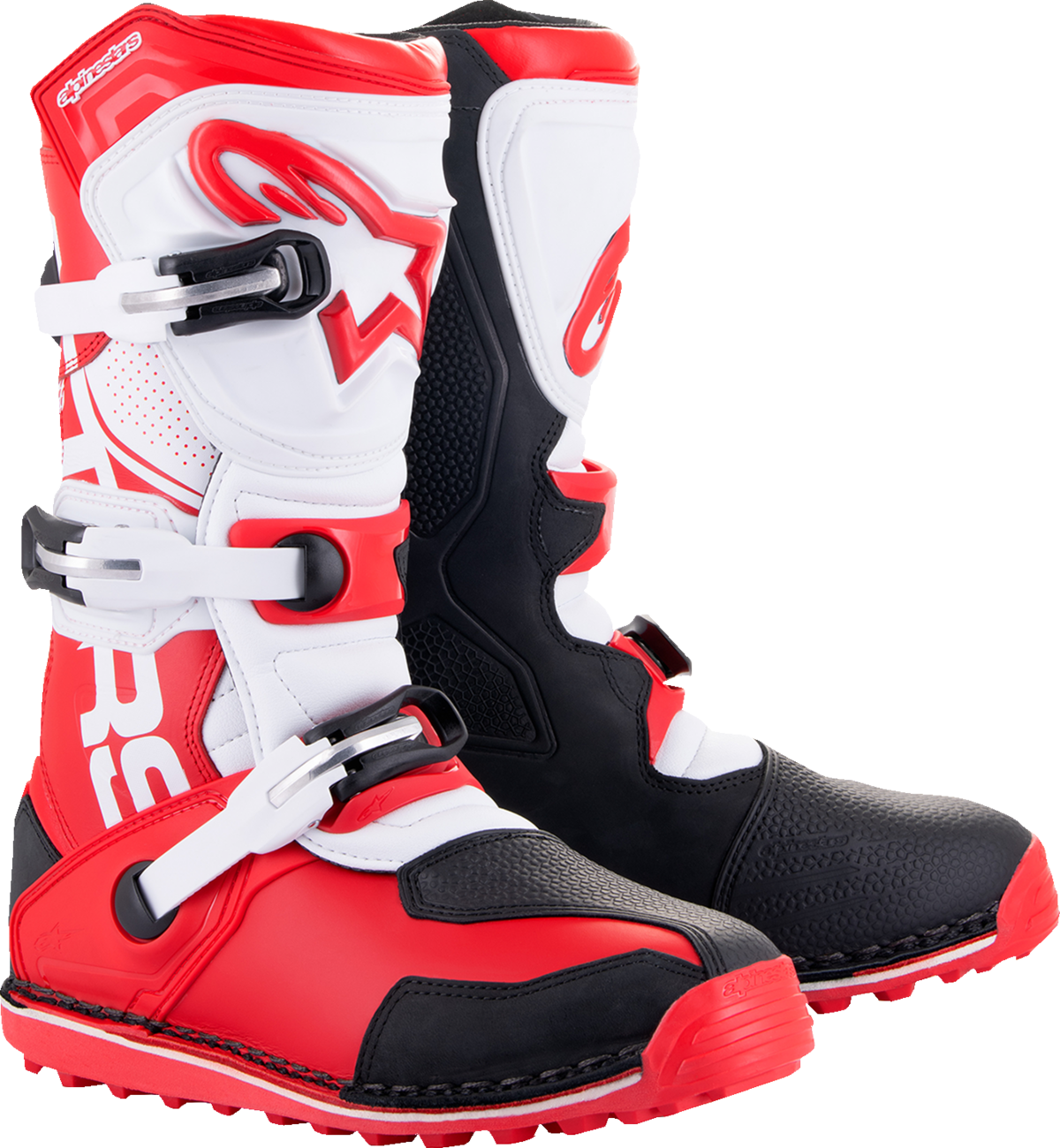 Alpinestars Tech-T motorcycle boots in red, black, and white with protective design, US size 7, EU 40.5.