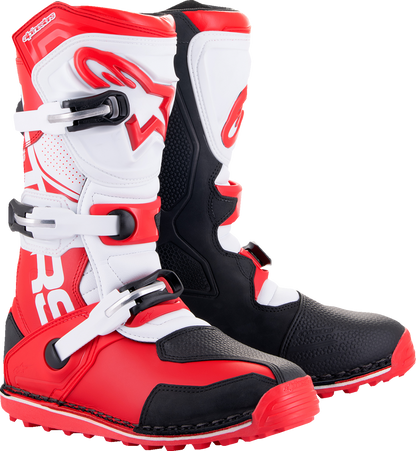 Alpinestars Tech-T motorcycle boots in red, black, and white with protective design, US size 7, EU 40.5.