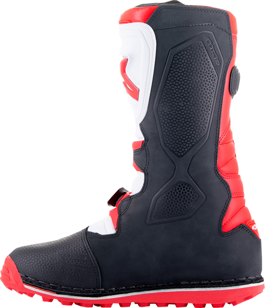 Alpinestars Tech-T motorcycle boots in red, black, and white with US size 11, featuring durable design and protective features.