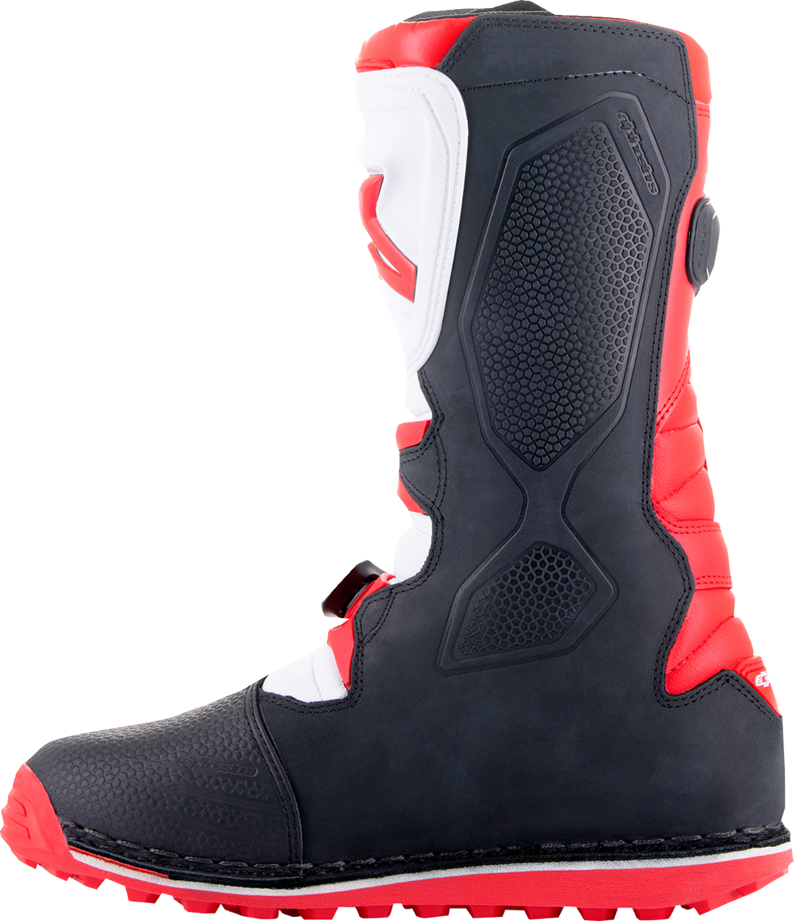 Alpinestars Tech-T motorcycle riding boots in red, black, and white with durable construction and US size 12 / EU 47.