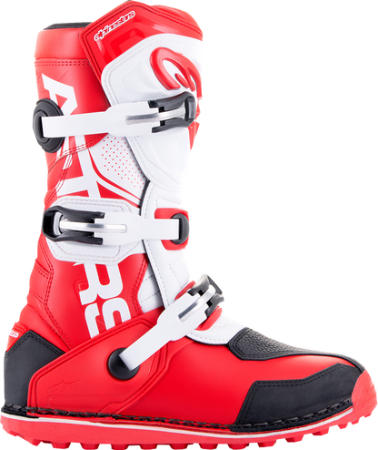 Alpinestars Tech-T motorcycle riding boots in red, black, and white with durable construction and US size 12 / EU 47.
