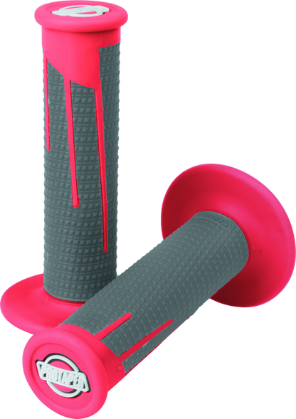 ProTaper Full Diamond Clamp-On Motorcycle Grips in red and dark gray with textured diamond pattern for enhanced grip.