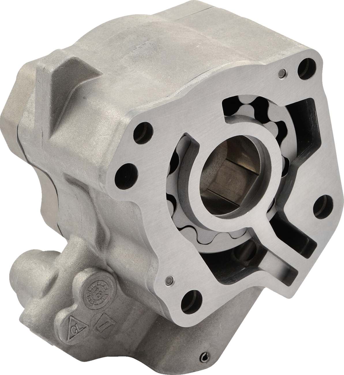Drag Specialties high volume oil pump for M8 Harley models, part #81080, shown in detailed view with metal and mechanical components.