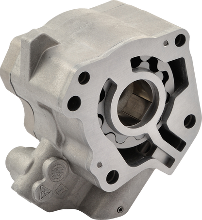Drag Specialties high volume oil pump for M8 Harley models, part #81080, shown in detailed view with metal and mechanical components.