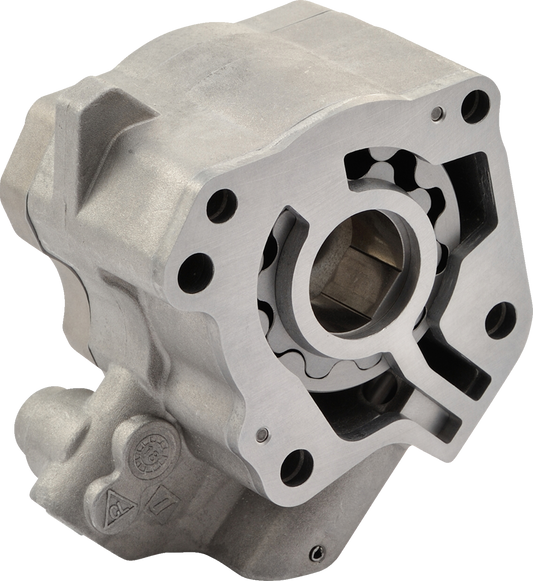 Drag Specialties high volume oil pump for M8 Harley models, part #81080, shown in detailed view with metal and mechanical components.