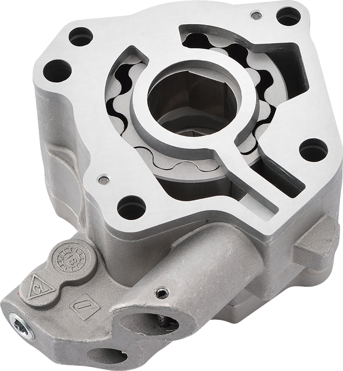 Drag Specialties high volume oil pump for M8 Harley-Davidson models, part #81080, showing the pump's detailed metal construction.