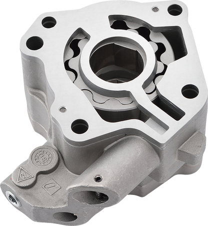 Drag Specialties high volume oil pump for M8 Harley-Davidson models, part #81080, showing the pump's detailed metal construction.