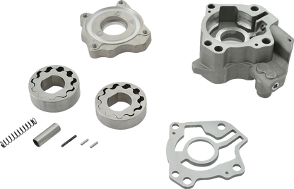 Drag Specialties high volume oil pump for M8 Harley Davidson models, part #81080, with detailed metal construction and fittings.