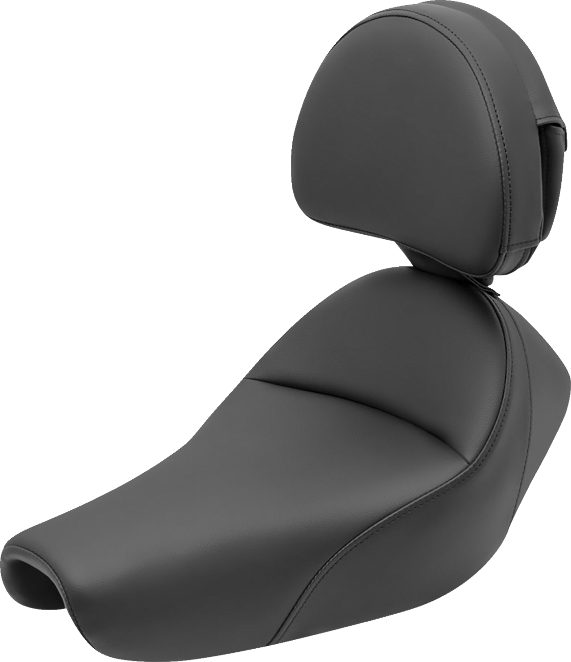 Black SADDLEMEN Heels Down Solo Seat with backrest for motorcycles, plain design, compatible with Bill's Exhausts bikes.