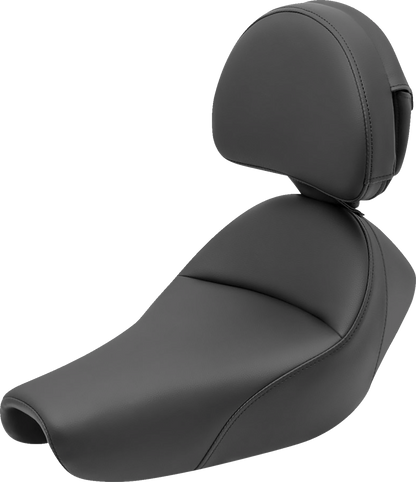 Black SADDLEMEN Heels Down Solo Seat with backrest for motorcycles, plain design, compatible with Bill's Exhausts bikes.