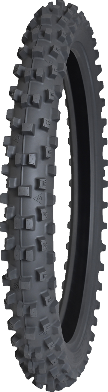 DUNLOP Geomax AT82 front motorcycle tire, 90/100-21 size, with tread pattern designed for off-road and motocross riding.