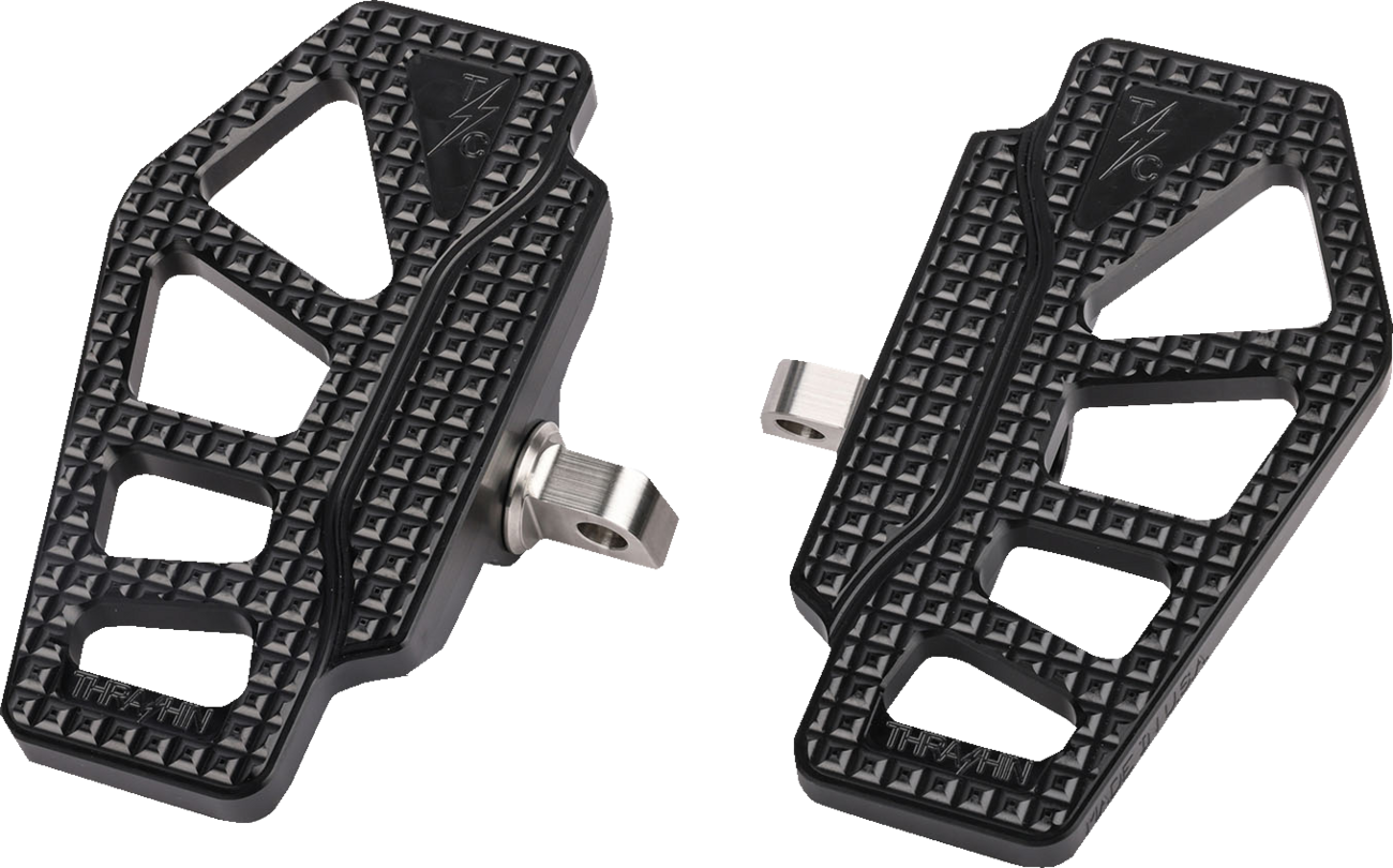 Black THRASHIN SUPPLY CO. Apex Mini Floorboards for drivers, featuring a sturdy design and textured surface for grip.