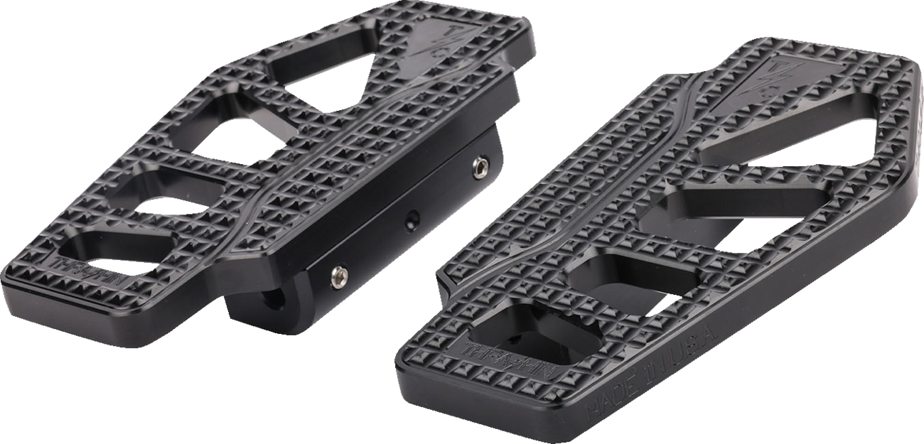 Black Thrashin Supply Co. Apex Mini Floorboards for passenger side motorcycle, made in the USA, with durable design and metal construction.