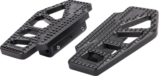 Black Thrashin Supply Co. Apex Mini Floorboards for passenger side motorcycle, made in the USA, with durable design and metal construction.