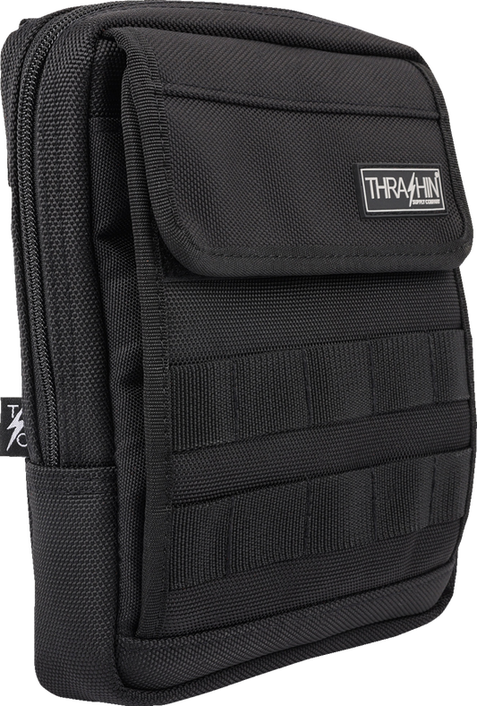 Black THRASHIN SUPPLY CO. Slim Handlebar Bag attached to a bicycle handlebar for storage and easy access.