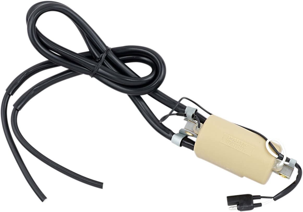 Parts Unlimited external ignition coil IGN-087 for reliable engine performance, shown in a close-up view on a car engine.