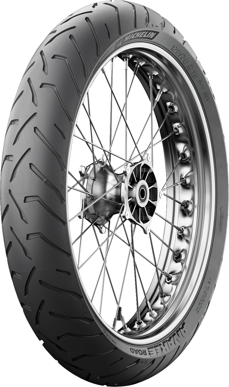 Michelin Anakee Road front motorcycle tire 110/80R19 for adventure touring bikes on pavement and mixed roads.