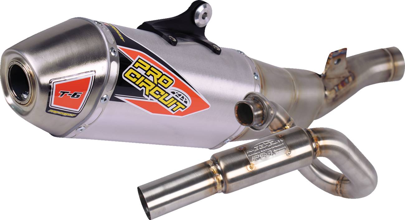 Pro Circuit T-6 exhaust system in stainless steel, with polished finish and carbon fiber end cap, designed for motocross bikes.
